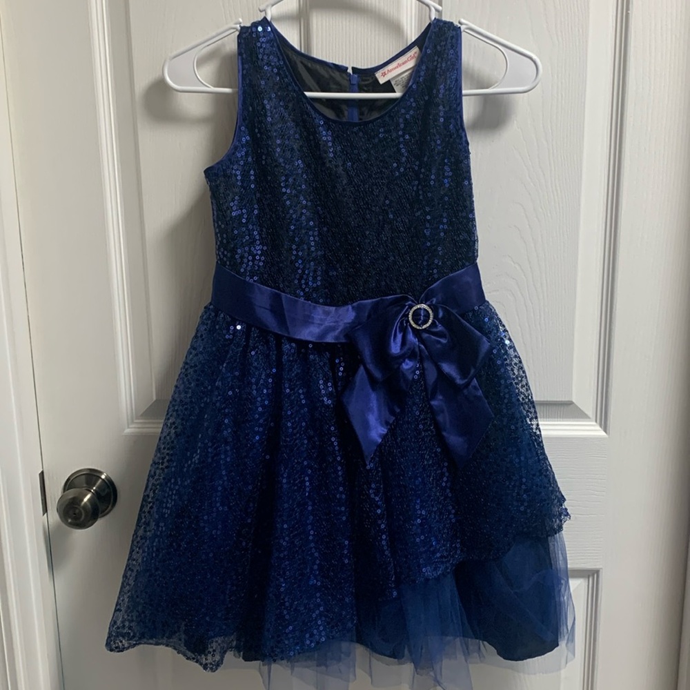 American Girl size 10 Blue & Black Sequin Sleeveless Bow Waist Tulle Dress.